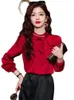 Frauenblusen 2024 Frühling elegant rote Satin Frauen Perlen Rüschen Bluse Langarm Mode koreanische Büro Damen Arbeit Hemd Grundfutter Frau