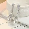 Dangle Küpeler S925 STERLING Gümüş 45mm Zarif Fransız Gözyaşı İnci Zirkon Kadınlar Moda Takımı Evlilik Yıldönümü Hediye Takı