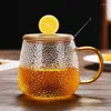 Mugs 400ml Modern Fashion Hammer Pattern Glass Bamboo Cover Flower Tea Cup Yellow Handle Chaise Pineapple Office