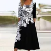 Casual Dresses Women Printed Maxi Dress Round Neck Elegant Floral Long Sleeve For Mid-midjestulla