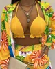 Kvinnors träningsdräkter Summer 3 Piece Set Outfits Women 2024 Tropical Printed Lantern Sleeves Shirt Halter Bikini Bar Crop Top and Shorts