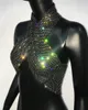 Mulheres diamantes brilhantes FISHNET CROP Tops Sexy Hollow Out Rhinestone Backless Halterneck Top Top Rave Festival Party Party 240408