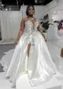 White Wedding Dresses Ivory Bridal Gowns A Line Floor-Length Applique Custom Zipper Lace Up Plus Size New Satin Beaded Long Sleeve Button One-Shoulder Crystal Split