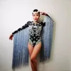 Stage Wear Star Patroon vrouwelijke kostuumkristallen Fringe Sleeve Bodysuit Singer Dancer Nightclub Party Bar Performance Fancy