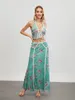 WSEVYPO Green Floral 2Pieces Robe Set Fichens Summer Party Streetwear Costless Sans manches Halter Backless Vestlong Jupe 240410