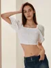 Kvinnors T-skjortor WSevypo Chic Summer Flower Hollowed virkning Vita t-shirts Fashion Puff Short Sleeve Square Neck Crop Tops för dagligen