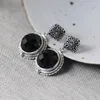 Orecchini a pennello fnj Vintage rotondo nero agata 925 argento originale Pure S925 Overing a goccia Sterling per donne Gioielli semplici