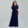 Women Plus Size Sequin Mesh Embroidery Mermaid Evening Dress Formal Short Sleeve Elegant Party Prom Gowns Long Dress 240403