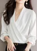 Women's Blouses 2024 Women Blusas Vintage White Satin Chic Tops Long Sleeve Casual Chiffon Blouse Female Work Wear Office Shirts D244