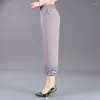 Pantalon féminin d'été femmes minces couchés élastiques hauts style chinois hétéro brodé femelle d'âge moyen décontracté