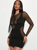 Casual Dresses Temuscola Mesh See Through BodyCon Mini Dress Women Round Collar Hollow Out Elegant Ruched Black Summer Party Club Kvinna