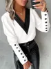 Camicetta bianca da moda donna a manica lunga a v sul collo casual pullover elegante ufficio lady tops rosa camicie femme 240407