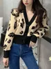 Malhas femininas suéter de leopardo da moda fêmea cardigans v pesco
