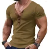 Camisetas masculinas de cor sólida com decote em vil de lace-up de lace-up slim fit