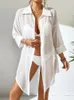 Модная длинная футболка для женщин белая саронг пуговица футболка летнее пляжное бикини прикрывается женская пляжная одежда сплошной лацкат