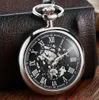 Simple Silver Smooth Pocket Men Hollow Skeleton Dial Unique Roman Numerals Steampunk Mechanical Watch FOB Chain3729834