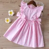 Girl's jurken Humor Bear 2023 Baby zomerjurk Nieuwe meisjes kleding Ruche Mulevele prinses jurken Big-Bow Fashion Kids Baby Girl Dress D240423