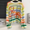 Kobiety swetry dzianiny z długim rękawem Mohair Vintage Sweter Kobieta Zimowa Załóż Załącznik wełniany tęczowy pasek Knit Pullover Design Ubranie S m l