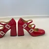 Sandals Shoes Girl~french Square Toe Rhinestone Buckle Thick Heels, Mary Jane High Red Single Skirt