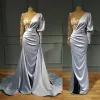 2024 Trend Baby Blue Mermaid Evening Dresses With Detachable Train Full Sleeves Long Prom Gowns Flower Beaded Formal Dress