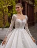 Chic Lace Sheer Neck Ball Gown Wedding Dress Full Sleeves Appliques princess Bridal Gowns Back Covered With Button