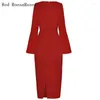 Lässige Kleider rot Roosarosee O-Neck Kragen Langes Flare-Ärmel-Paket Hüftstiftkleid Europäischer Frühling Sommer 2024 Frauen Vestidos Robe Femme