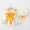 Robes de fille 2 pièces ensembles de tout-petit des enfants coréens mignons fleurs arcs sans manche princesse bébé sunhat plage kid robe