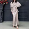 Sukienki robocze swobodny O-Neck Bluzka z długim rękawem stroje Kobiety eleganckie satynowe solidne 2pc garnitur mody crossover koronkowe sety