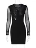 Casual Dresses Temuscola Mesh See Through BodyCon Mini Dress Women Round Collar Hollow Out Elegant Ruched Black Summer Party Club Kvinna