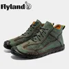 Casual Shoes FLYLAND Leather Handmade Retro Ankle Boots For Men Breathable Flats Moccasins Lace-Up Botas Hombre