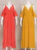 Basic Casual Dresses Boho Chiffon V-Neck Off Shoulder Sleeve Slit Tunic Dress Women 2023 Summer Elegant Solid Color Beach Wear Maxi Dresses A1445 240419