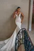 Beauty Beading Pearls Bordery Lace Vestido de noiva de decote em V Mermaid com tiras de espaguete Backless 2 em 1 trompete vestidos de noiva 2024