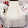 Skirts Fashion Solid Color Embroidered Flares Decoration Gauze Pleated Skirt Slim High Waisted All-match Lady Casual Z687