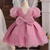 Girl's Dresses Baby Bow Birthday Princess Dress Elegant Girl Embroidery Flower Beaded White Baptism Tutu Gown Kids Formal Evening Party Costume d240423