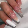 Uñas falsas 24 piezas de longitud de largo ballet con diseño de diamantes de imitación de dianosa, uñas falsas brillantes simples, ataúd, rosa, prensa portátil en uñas Manicura Y240419