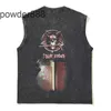 2024 High Street Skull Head Letter Gedrukte mouwloos T-shirt versleten wassen losse schoudertank top trendy