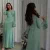 Green A Line Women Prom Dresses V Neck Long Sleeve Long Party Gown Ruched Corset Back Saudi Arabia Evening Wear