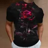 Men's T-Shirts Fashion Mens T-Shirt 3D Flower Print Short Slve Tops Strt Casual Rose T Shirt Strtwear Oversized T Shirt Men Clothing T240419