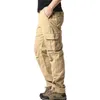 Сплошные хлопковые многофункциональные карманы мужские брюки с прямыми грузовыми брюками. Слушанные повседневные наружные брюки Мужские рабочие брюки на открытом воздухе уличная одежда 240408
