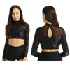 Stage Wear Ballet Leotards For Women Shiny Sequins Crop Tops Mock Neck Long Sleeves Keyhole Back Unique Mesh Spliced Top Dancewear