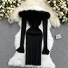 Casual Dresses Women's Dress Autumn Winter Solid Slash Neck Furry Female High Waist Slim Knit Vestidos 2024 Fashion Tide