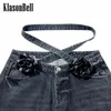 Kvinnors jeans 4,2 Klasonbell High Street Chic Criss-Cross Sashes Flower Design tvättade denimbyxor Låg midja All-Matches rak