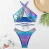 Women's Swimwear KUKAKEY One Piece Swimsuit Blue Shiny Cross Halter Women 2024 String Cut Out Monokini High Bathing Suit Beach Wear