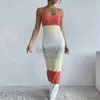 Basic Casual Dresses Designer Dress Summer New Colorful Stripe Open Back Knitted Dress Sexy Split Slim Fit Long Slim Strap Dress