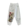 Jeans femininos Strass da moda da moda branca 2024 primavera na primavera cintura elástica solta pintada de harém de harém fêmea fêmea feminina