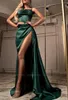 Party Dresses Green Satin Evening Dress Formal Long Women Elegant Ruched Scoop Neck High Slitt 2024 Cocktail Club Maxi Vestidos