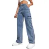Women's Jeans Casual Street Trend Loose Fitting Workwear Pants With Multiple Pockets Solid Color High Waist Denim Trousers