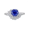 Cluster Rings SpringLady 925 Sterling Silver Round Aquamarine Sapphire White Gemstone Women Ring Wedding Engagement Fine Jewelry