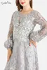 Party Dresses Muslim Evening Dress Gray Luxury Long Sleeve 2024 Dubai Sequin For Women Wedding Prom HO1069