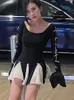 カジュアルドレスブラックミニ女性セクシーなフレアスリーブフォールドスプライスボディコンドレス女性韓国ファッション甘い弓レースアッププリーツ